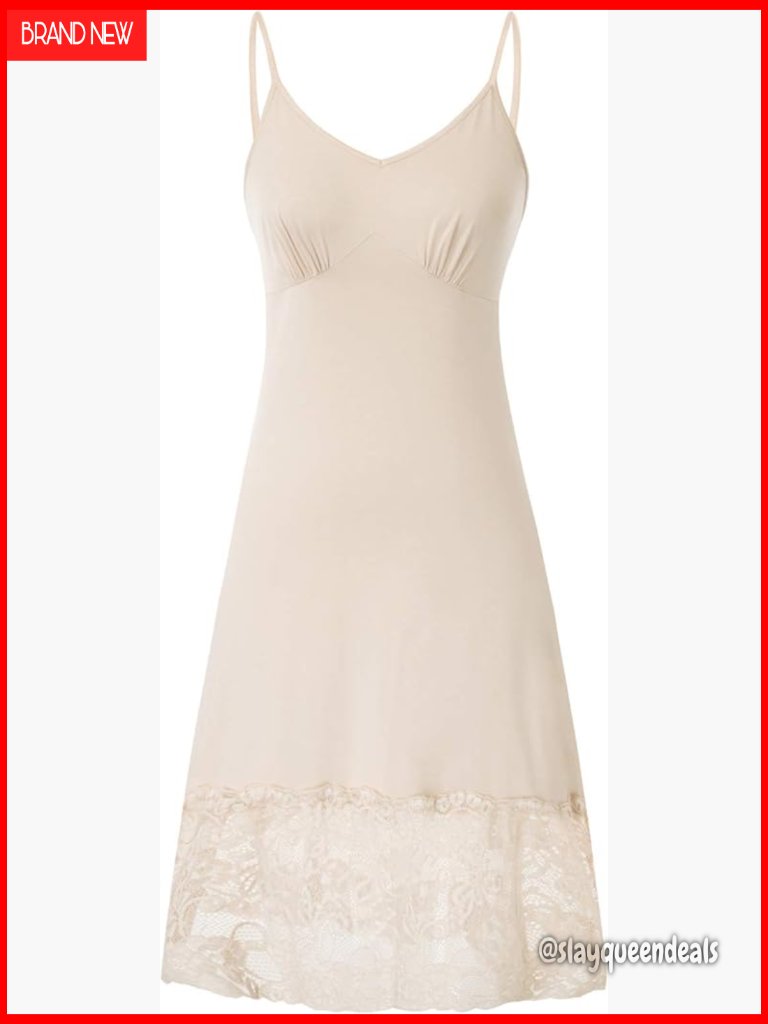 Full Slip Under Dress Adjustable Spaghetti Strap Lace Trim V Neck Cami Slip